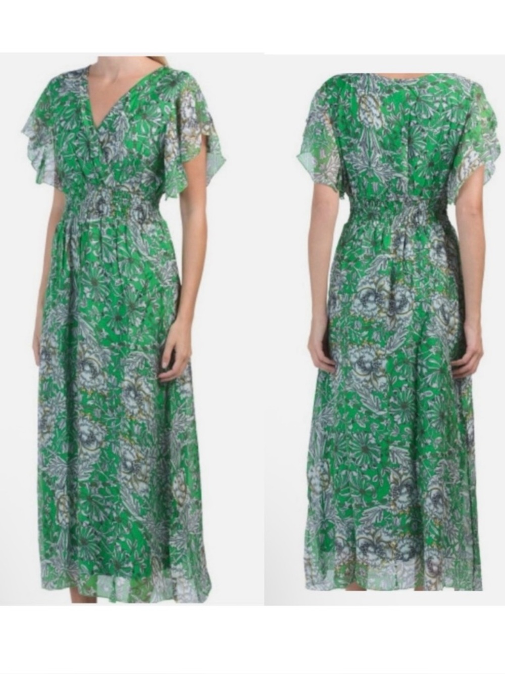 Le Ragazze Silk Blend Floral Maxi Dress Green Flutter Sleeves, Size M